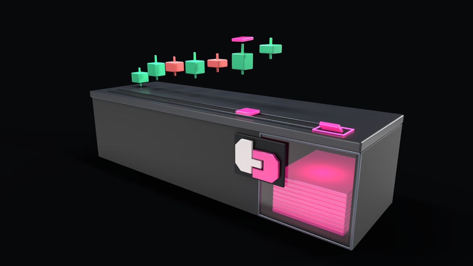 Candlesticks above a box with a slot in its lid. Thin pink slices from the winning candle drop through the slot and stack up in a glass-fronted vault behind a latch.