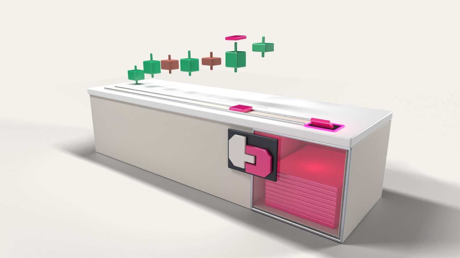 Candlesticks above a box with a slot in its lid. Thin pink slices from the winning candle drop through the slot and stack up in a glass-fronted vault behind a latch.